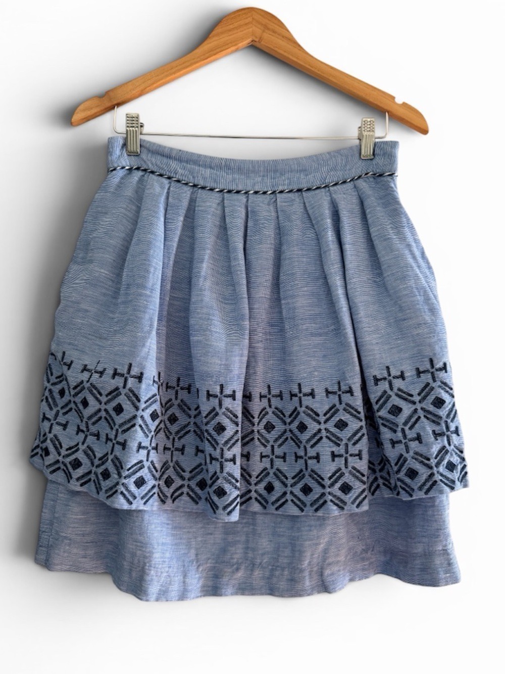 Odille Blue Linen Blend Embroidered Skirt Cottagecore Boho
